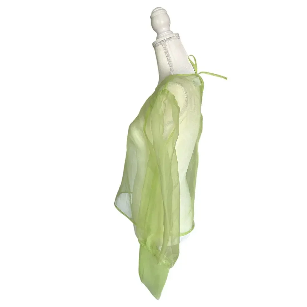 Grey Lab Sheer Neon Green Long Sleeve Keyhole Back Tie Closure Blouse Size Large - Picture 5 of 10